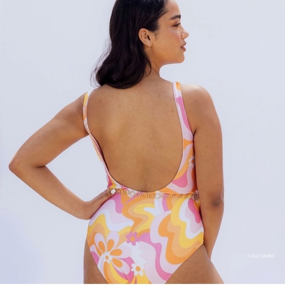 Funboy X Barbie Dream Swim Raquel One Piece Swimsuit Floral Pink Orange XL Wavy - Picture 3 of 11